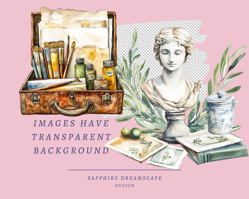 Puede incluir: Ilustraci&oacute;n en acuarela con una maleta vintage llena de materiales de arte, incluyendo pinceles y botes de pintura. Tambi&eacute;n hay un busto cl&aacute;sico, ramas de olivo y un tarro azul y blanco. El texto "IMAGES HAVE TRANSPARENT BACKGROUND" es visible.