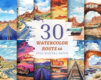 Watercolor Route 66 Digital Paper High Quality JPEG Instant Download Commercial Use USA Landscapes Images Classic Road Paper Design Set