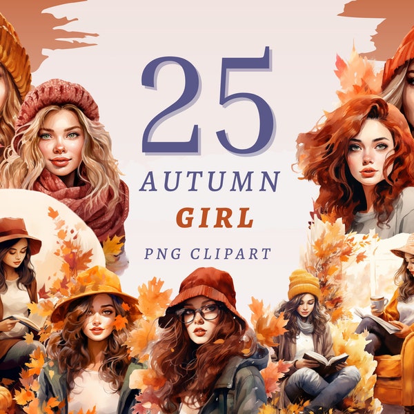 25 Autumn Girl Clipart, High Quality Transparent PNGs, Instant Download, Commercial Use - Cute Girl png, Autumn Lady, Watercolor Printable