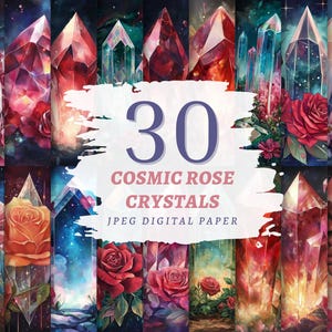 Carta digitale con cristalli di rosa cosmica, JPG di alta qualità, download immediato, uso commerciale, pagina di album con rose rosse, diario di cristallo stampabile
