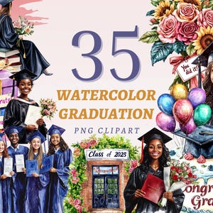35 Aquarell Graduierung Clipart College Feier druckbare Grafik Klasse von 2025 Illustration Digitale Grad Dekorationen Sofortiger Download