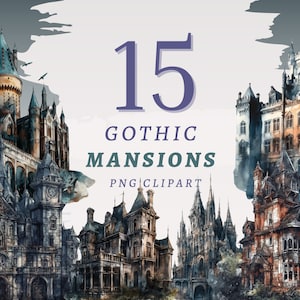 15 Gothic Mansions Clipart, High Quality Transparent PNGs, Instant Download, Commercial Use - Haunted Mansion, Gothic Castle, Printable Art