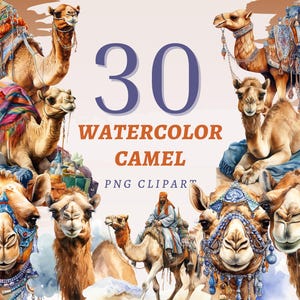 30 Clipart di cammelli ad acquerello, PNG trasparenti di alta qualità, download immediato, uso commerciale - Disegni di Sahara Journey, stampabili sulla fauna selvatica