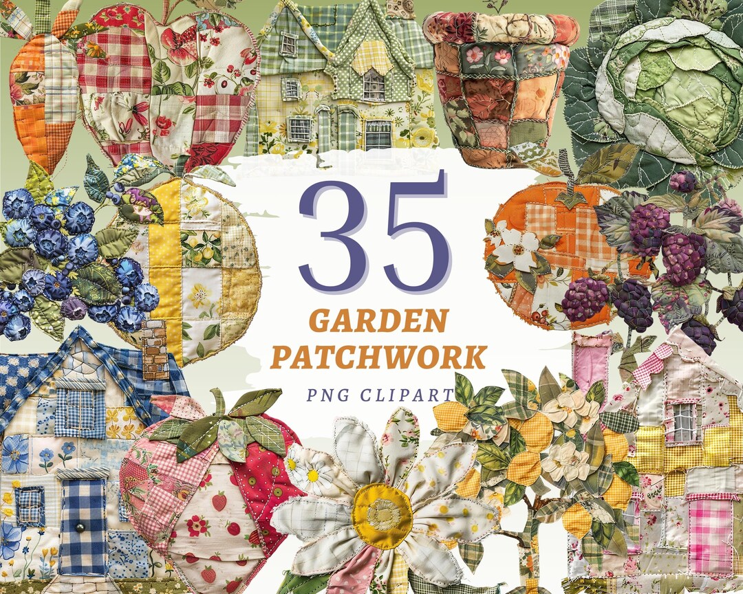 35 Garden Patchwork Clipart Set, Fabric Fruit Floral PNG Bundle ...