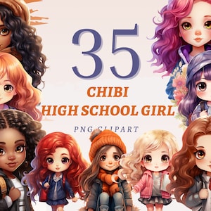35 Chibi High School Girl Clipart, PNG transparentes de alta calidad, descarga instantánea, uso comercial - lindo personaje de colegiala, muñeca adolescente
