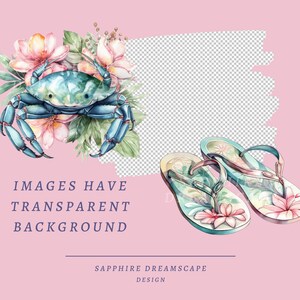 K&ouml;nnte beinhalten: Aquarell-Illustration eines blauen Krebses, umgeben von rosa Bl&uuml;ten und gr&uuml;nen Bl&auml;ttern. Zwei Paar blaue Flip-Flops mit Blumenmustern auf rosa Hintergrund. Der Text "IMAGES HAVE TRANSPARENT BACKGROUND" und "SAPPHIRE DREAMSCAPE DESIGN" ist ebenfalls enthalten.