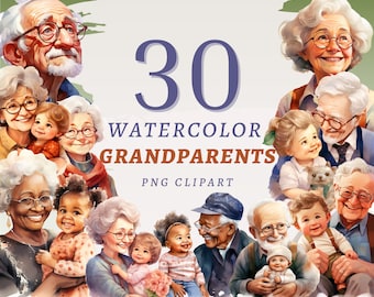 30 Watercolor Grandparents Clipart, High Quality Transparent PNGs, Instant Download, Commercial Use - Grandpa and Grandma graphics, Printing