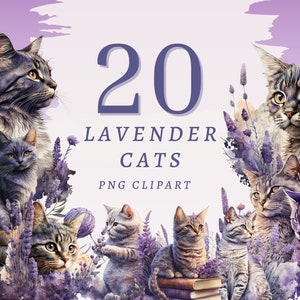 20 cliparts de chats lavande, PNG transparents de haute qualité avec téléchargement immédiat, usage commercial - oeuvre d'art unique pour les artisans et les designers