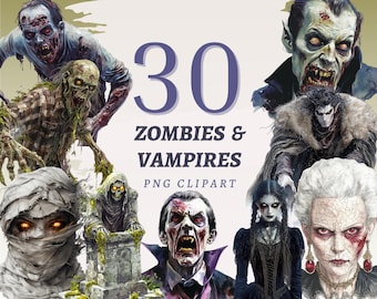 May include: Digital clipart featuring illustrations of zombies and vampires. The image includes a variety of undead characters with detailed features, such as decaying skin, sharp teeth, and eerie expressions. Text reads "30 ZOMBIES & VAMPIRES PNG CLIPART".