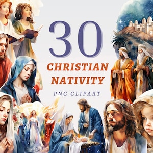 30 cliparts de la Nativité chrétienne, PNG transparents de haute qualité, téléchargement immédiat, usage commercial - scène religieuse imprimable, graphiques d'hiver