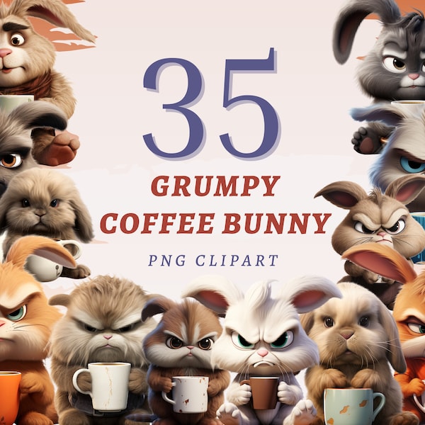35 Grumpy Coffee Bunny Clipart, High Quality Transparent PNGs, Instant Download, Commercial Use - Adorable Bunnies, Digital Illustrations