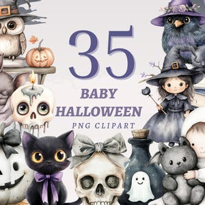 Pode incluir: Ilustração em aquarela com clip art com tema de Halloween. Inclui uma coruja, abóboras, uma bruxa, um gato preto, uma caveira, um bebê com uma fantasia de fantasma e o texto "35 BABY HALLOWEEN PNG CLIPART".