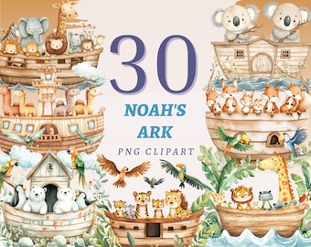 Könnte beinhalten: Ein Set mit 30 Aquarell-Clipart-Bildern mit Noahs Arche und verschiedenen Tieren. Die Bilder sind perfekt zum Erstellen von Einladungen, Karten und anderen Bastelarbeiten.