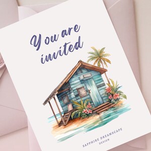 Może przedstawiać: Aquarela przedstawiająca niebieski domek plażowy z palmą i kwiatami. Tekst "You are invited" jest napisany fioletowym kolorem nad domkiem. Tekst "Sapphire Dreamscape Design" jest napisany czarnym kolorem na dole obrazka.