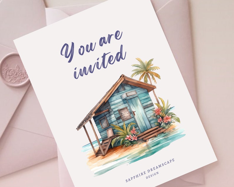 Może przedstawiać: Aquarela przedstawiająca niebieski domek plażowy z palmą i kwiatami. Tekst "You are invited" jest napisany fioletowym kolorem nad domkiem. Tekst "Sapphire Dreamscape Design" jest napisany czarnym kolorem na dole obrazka.