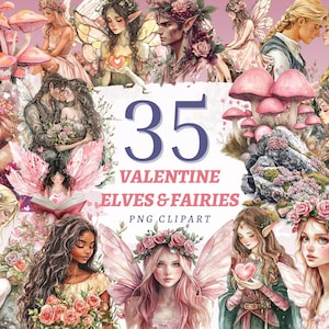 Puede incluir: Un collage digital con ilustraciones de elfos y hadas con alas rosas, flores y setas. El texto dice "35 VALENTINE ELVES & FAIRIES PNG CLIPART". La obra de arte es de estilo acuarela.