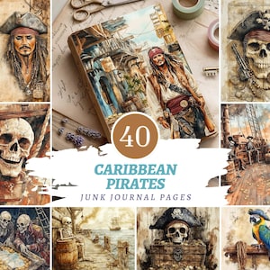 Caribbean Pirates Junk Journal Pages, Digital Treasure Skeleton Scrapbook Elements, US Letter Paper Page