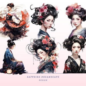 35 Watercolor Geisha Clipart, High Quality Transparent PNGs, Instant Download, Commercial Use - Japanese Fashion png bundle, Asian Art Print image 7