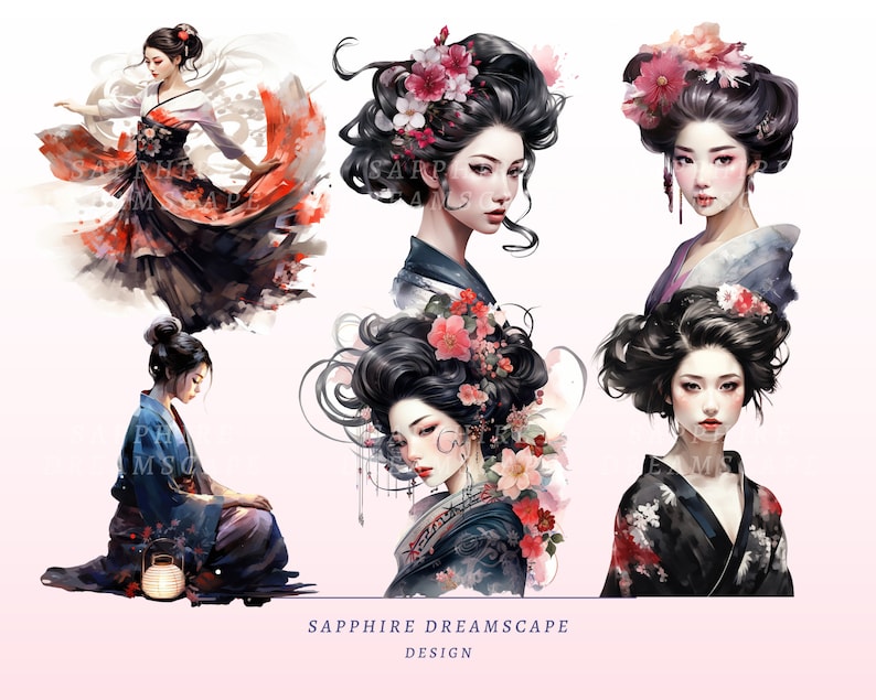 35 Watercolor Geisha Clipart, High Quality Transparent PNGs, Instant Download, Commercial Use - Japanese Fashion png bundle, Asian Art Print image 7
