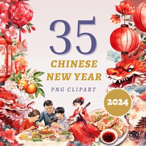 35 clipart do ano novo chinês, PNGs transparentes de alta qualidade, download instantâneo, uso comercial - 2024 Ano do Dragão, impressão de feriado asiático