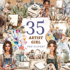 May include: A digital artwork showcasing watercolour illustrations of artists surrounded by art supplies, paint palettes, and brushes. The central text reads "35 ARTIST GIRL PNG CLIPART". The colour scheme features soft blues, greens, and browns.