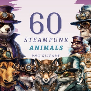 60 Steampunk dieren clipart, hoge kwaliteit transparante PNG's, Instant Download, commercieel gebruik - Retro Animal PNG, industriële afdrukbare set