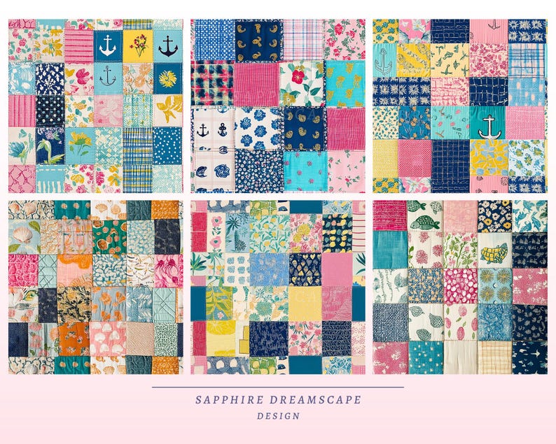 May include: Six patchwork fabric designs with a variety of patterns and colors, including floral, nautical, and geometric prints. Each design is composed of small, square fabric pieces in shades of pink, blue, yellow, and green. The text "SAPPHIRE DREAMSCAPE DESIGN" is at the bottom.
