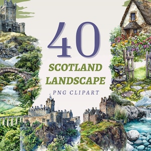 40 cliparts paysage écossais, PNG transparents de haute qualité, téléchargement immédiat, usage commercial - Art de la scène de montagne, lot des champs des Highlands