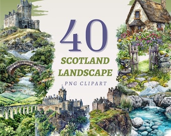 40 clipart di paesaggi scozzesi, PNG trasparenti di alta qualità, download immediato, uso commerciale - Arte di paesaggi montani, Pacchetto Campi delle Highlands