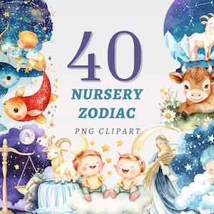 40 Clipart de Zodíaco de Berçário, PNGs Transparentes de Alta Qualidade, Download Instantâneo, Uso Comercial - Desenhos de Signos do Zodíaco, Pacote de Gráficos de Horóscopo