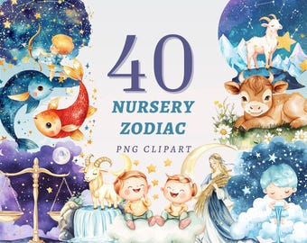 40 dziecięcych zodiakalnych clipartów, wysokiej jakości przezroczyste PNG, natychmiastowe pobieranie, komercyjne wykorzystanie - projekty znaków zodiaku, pakiet grafik horoskopowych