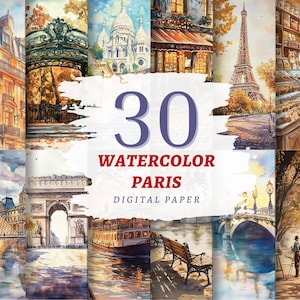 May include: A collage of 30 watercolour illustrations depicting Parisian scenes, such as the Eiffel Tower and the Arc de Triomphe. The image includes the text "30 Watercolor Paris Digital Paper".