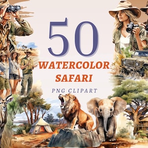 50 cliparts safari aquarelle, PNG transparents de haute qualité, téléchargement immédiat, usage commercial - impression d'éléphant, art de la savane, images de girafe