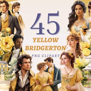 45 imágenes prediseñadas de Bridgerton amarillo, PNG transparentes de alta calidad, descarga instantánea, uso comercial: impresiones de la época victoriana, diseño romántico de la Regencia