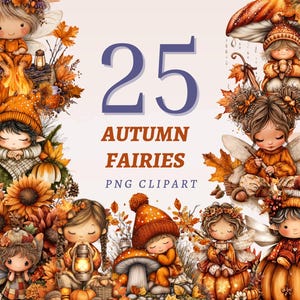 25 Hadas de Otoño Clipart Imprimibles de Hadas de Otoño Magia del Bosque Impresiones PNG para Manualidades Infantiles DIY Elemento Decorativo de Cuentos de Fantasía Acogedor