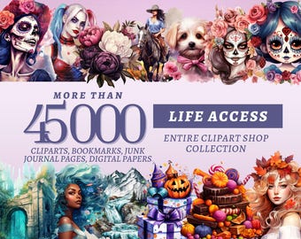 Puede incluir: Arte digital con ilustraciones de mujeres con maquillaje de calavera de azúcar, una mujer montando a caballo y un perro. La imagen incluye el texto "MORE THAN 45000" y "LIFE ACCESS, ENTIRE CLIPART SHOP COLLECTION". El arte incluye cliparts, marcadores, páginas de diario y papeles digitales.