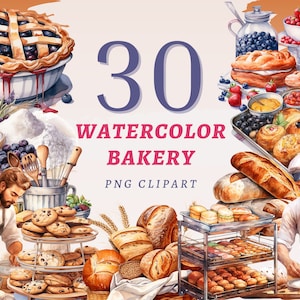 30 aquarel bakkerij clipart, hoge kwaliteit transparante png's, instant download, commercieel gebruik - gebakken brood en koekjes, bakken afbeeldingenset