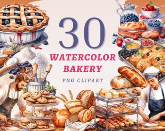 May include: A watercolor illustration of 30 bakery items, including pies, pastries, cookies, bread, and cakes. The illustration is in a vintage style and features a baker in a white apron. The text "30 Watercolor Bakery PNG Clipart" is included in the image.