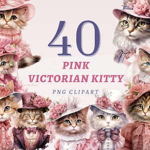 40 cliparts chaton victorien rose, PNG transparents de haute qualité, téléchargement immédiat, usage commercial - pinky cat fashion, adorables imprimables