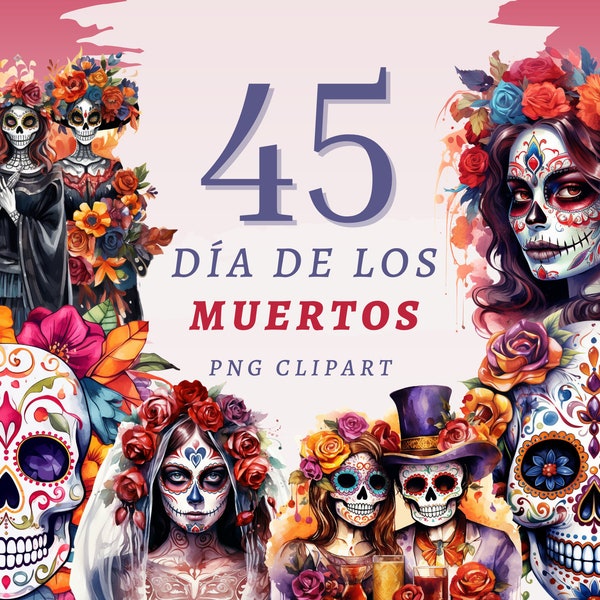45 Día de Los Muertos Clipart, PNG transparentes de alta calidad, Descarga instantánea, Uso comercial - Conjunto de diseño mexicano de Halloween, Calaveras de Azúcar