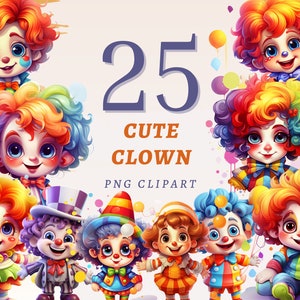 25 imágenes prediseñadas de payaso lindo, PNG transparentes de alta calidad, descarga instantánea, uso comercial - fiesta de cumpleaños, payasos infantiles imprimibles, conjunto de circo