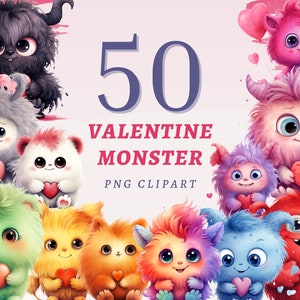 50 Valentine Monster Clipart, Hoge kwaliteit transparante PNGs, Instant Download, Commercieel gebruik - Fluffys Creature, Monsters in Love bundel