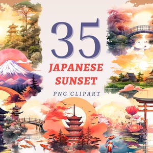 Può includere: 35 clipart PNG di tramonto giapponese. Illustrazioni ad acquerello di architettura giapponese, paesaggi e scene di natura. Include una montagna, una pagoda, un ponte, un torii gate e altro ancora.