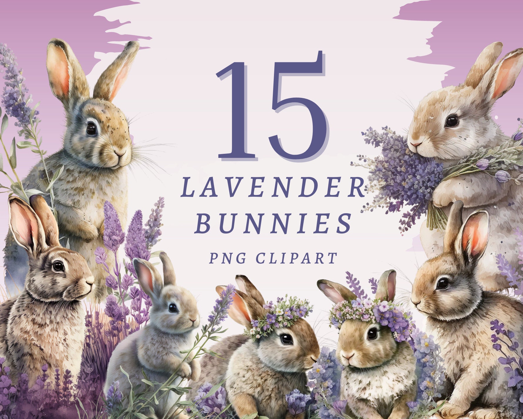 15 lavendel konijntjes clipart, hoge kwaliteit transparante png's met directe download, commercieel gebruik - unieke kunst voor knutselaars en ontwerpers
