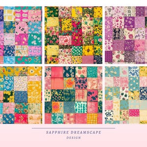May include: Six colorful patchwork designs with floral patterns in various colors, including pink, yellow, blue, and green. The designs are arranged in a grid, with each square featuring a unique fabric. The text "SAPPHIRE DREAMSCAPE DESIGN" is at the bottom.
