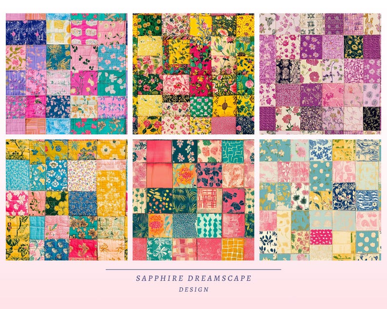 May include: Six colorful patchwork designs with floral patterns in various colors, including pink, yellow, blue, and green. The designs are arranged in a grid, with each square featuring a unique fabric. The text "SAPPHIRE DREAMSCAPE DESIGN" is at the bottom.