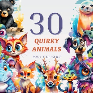 30 imágenes prediseñadas de animales extravagantes, PNG transparentes de alta calidad, Descarga instantánea, Uso comercial: Impresiones de criaturas tontas, Diseños de animales juguetones