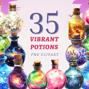 35 cliparts de potions dynamiques, PNG transparents de haute qualité, téléchargement immédiat, usage commercial - tirages de potions de conte de fées, images de boissons magiques