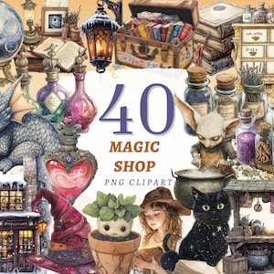 Puede incluir: Ilustración digital con elementos mágicos. La imagen incluye un dragón, botellas de pociones, un gato negro, un sombrero de mago y el texto "40 MAGIC SHOP PNG CLIPART". La paleta de colores es cálida con tonos marrones, morados y dorados.