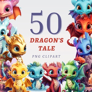May include: A collection of colorful cartoon dragons with large eyes and wings. The image includes the text "50 DRAGON'S TALE PNG CLIPART". Dragons are in various colors, including blue, red, green, and gold, with a fantasy background.